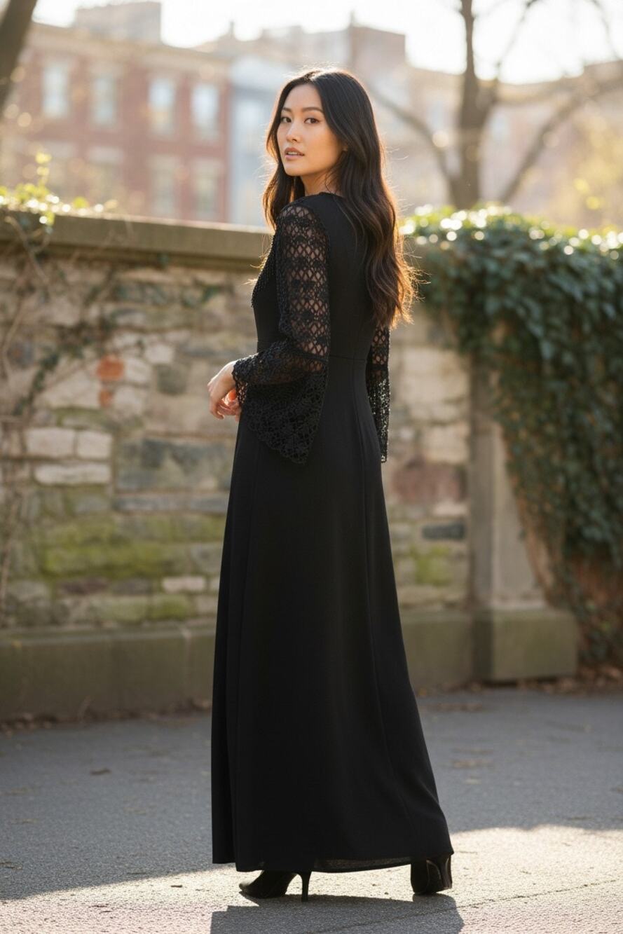 Vintage K Studio Black Maxi Dress Womens 8 Whimsigoth Lace Bell Sleeve